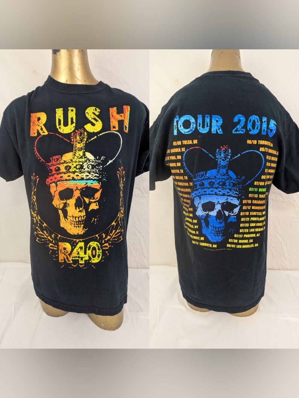 Rush R40 2015 Vintage Concert T-Shirt Skull Crown Dates/Locations Back Medium